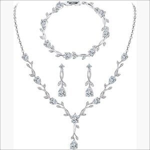Silver Cubic Zirconia Wedding Jewelry Set Necklace Earrings Bracelet